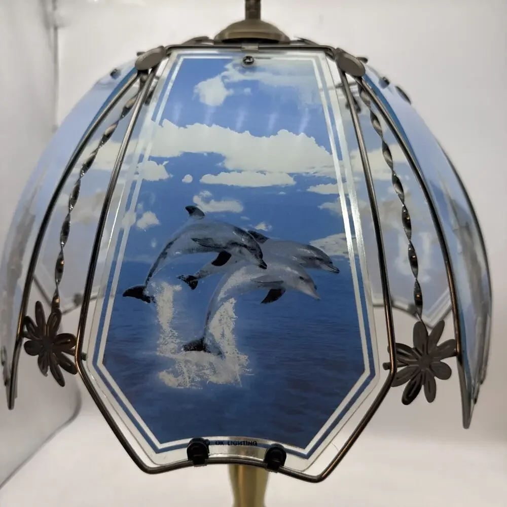 Vintage Y2K OK Lighting Touch Lamp, Marine Dolphins Shade, Gold Metal base